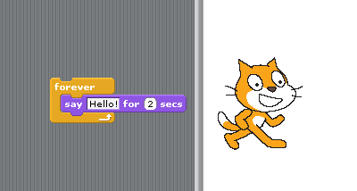 An image of the scratch cat with a speach bubble <>that goes away when clicked