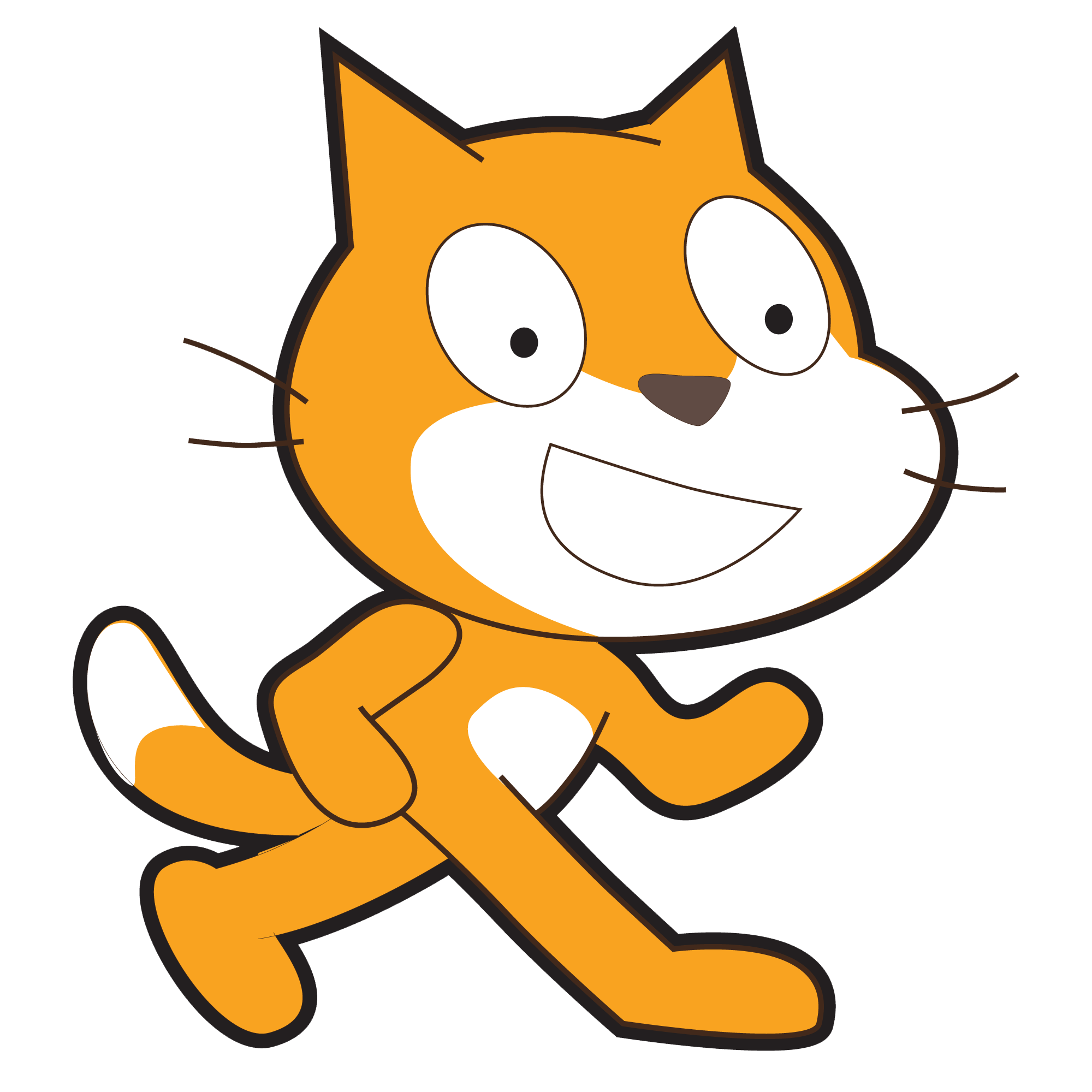 An image of the Scratch Logo. A cartoon cat that is ginger with a white belly.