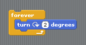 An image showing the Scratch code to make things spin.